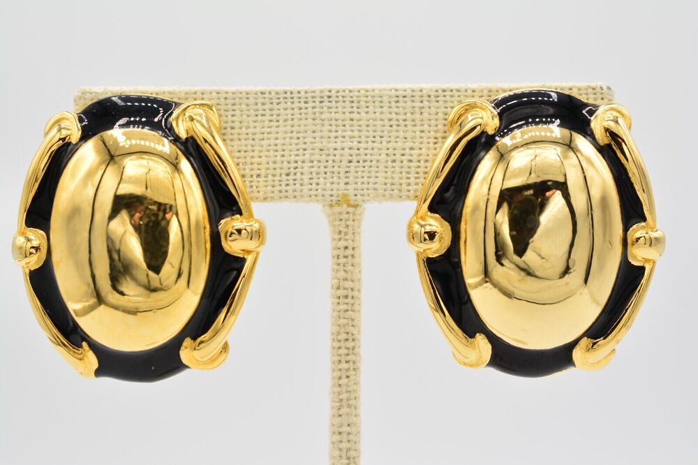 Vintage Clip On Earrings Gold Black Enamel Oval Chunky Heavy Shiny 1980s BinAS